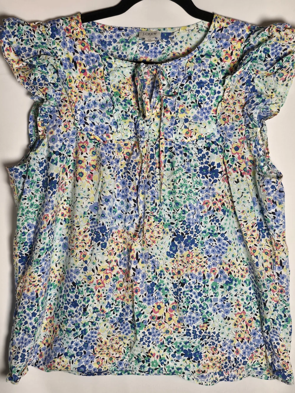 J. Crew Factory Multicolor Floral Tie-Front Flutter Sleeve Cotton Blouse Top, XL